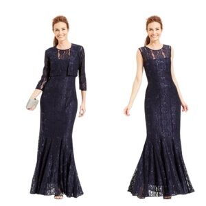 Alex Evenings formal Navy Sequin Lace maxi Dress with lace jacket trumpet hem 16